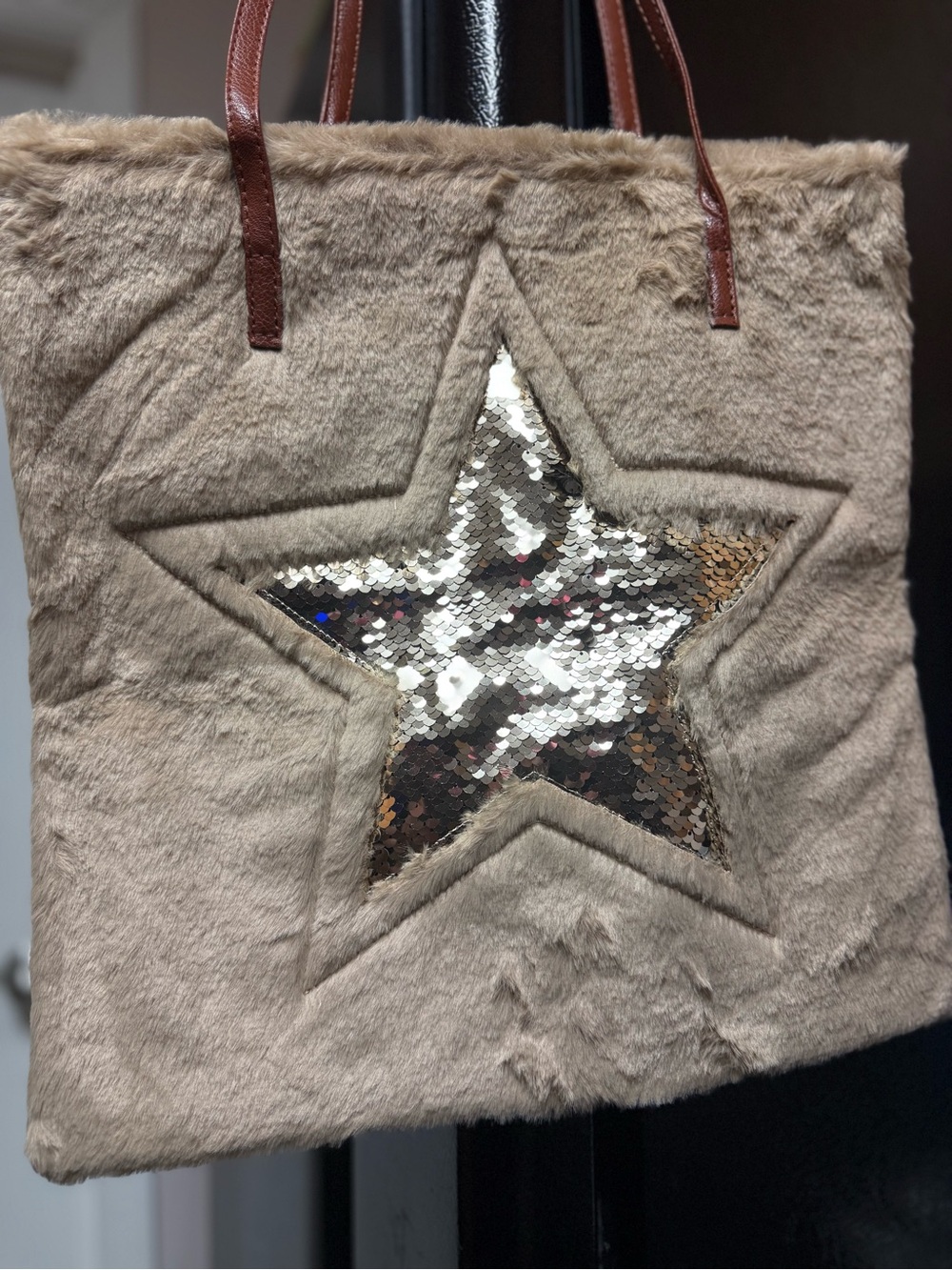 Taupe Faux Fur Sequin Star Heart Oversized Shopper Tote Bag NWT